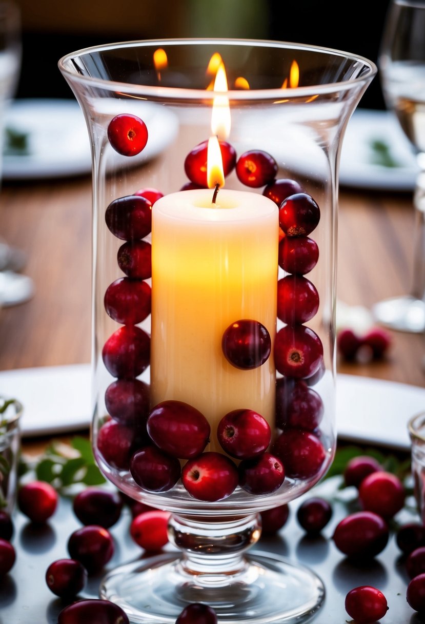 A hurricane vase holds a candle surrounded by floating cranberries, creating a festive wedding centerpiece