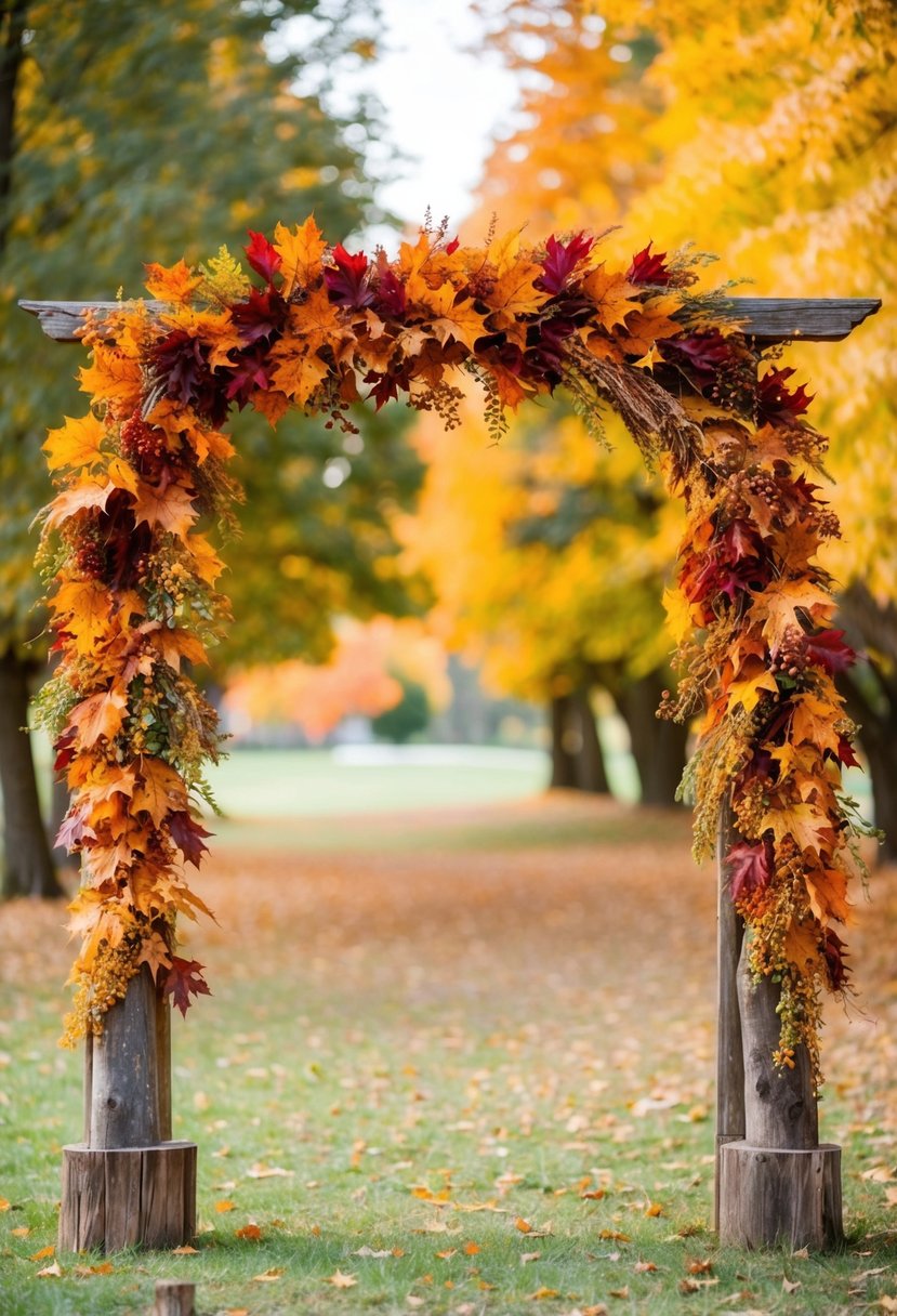 A rustic wooden arch adorned with vibrant autumn leaves garlands, creating a warm and inviting atmosphere for a wedding celebration