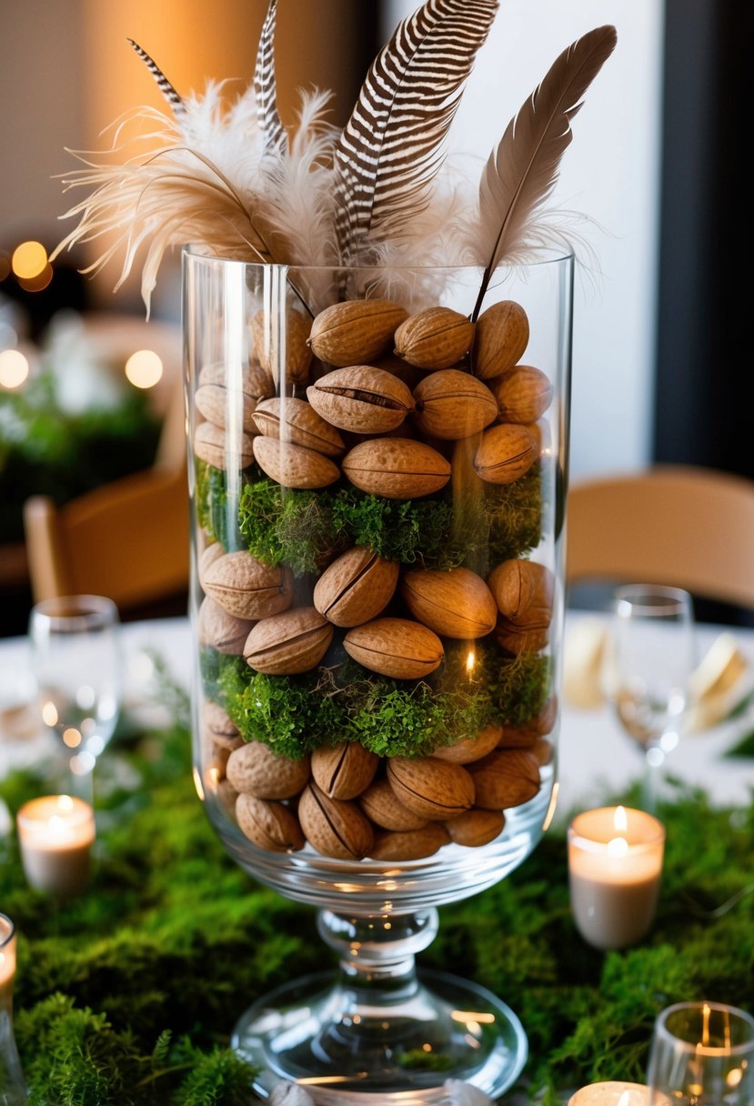 A hurricane vase filled with layered Brazil nuts, moss, and feathers, creating a rustic and natural wedding centerpiece