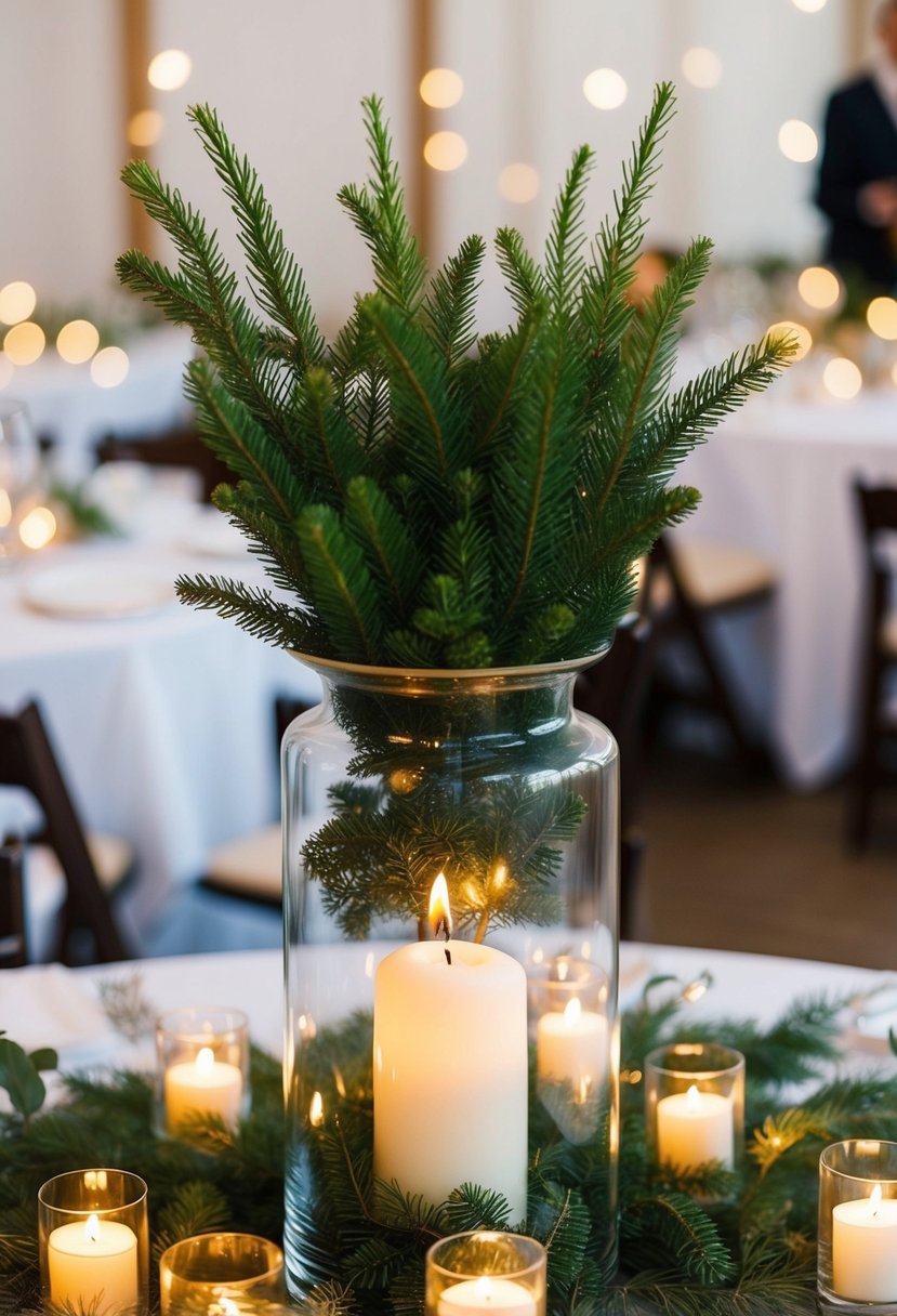 A hurricane vase filled with fresh pine stems and a floating candle, serving as a wedding centerpiece