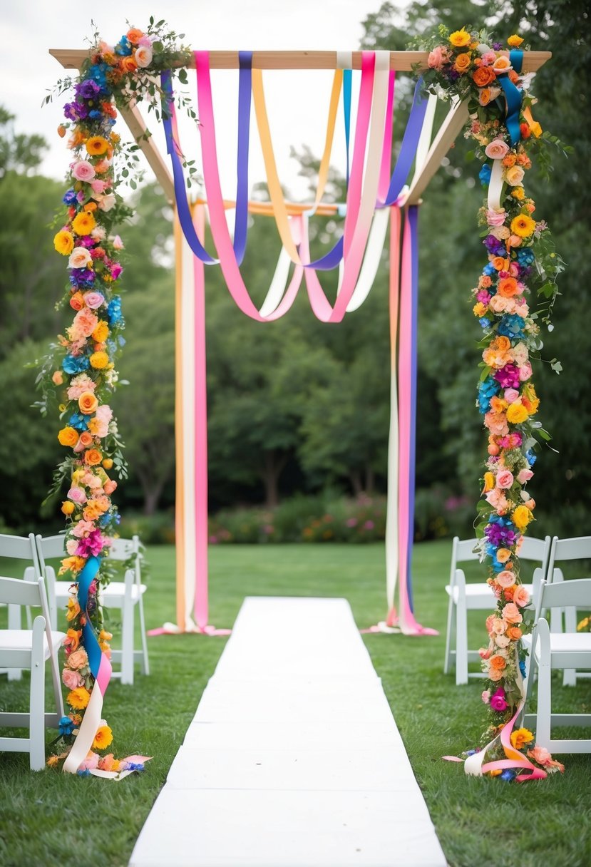 A colorful garland of whimsical flowers and ribbon streamers draping across an outdoor wedding archway