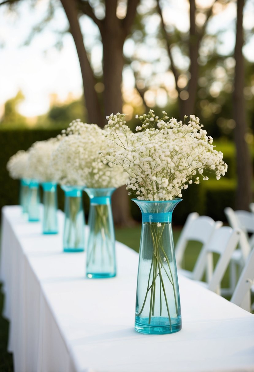 Hurricane vases filled with baby's breath line the wedding aisle