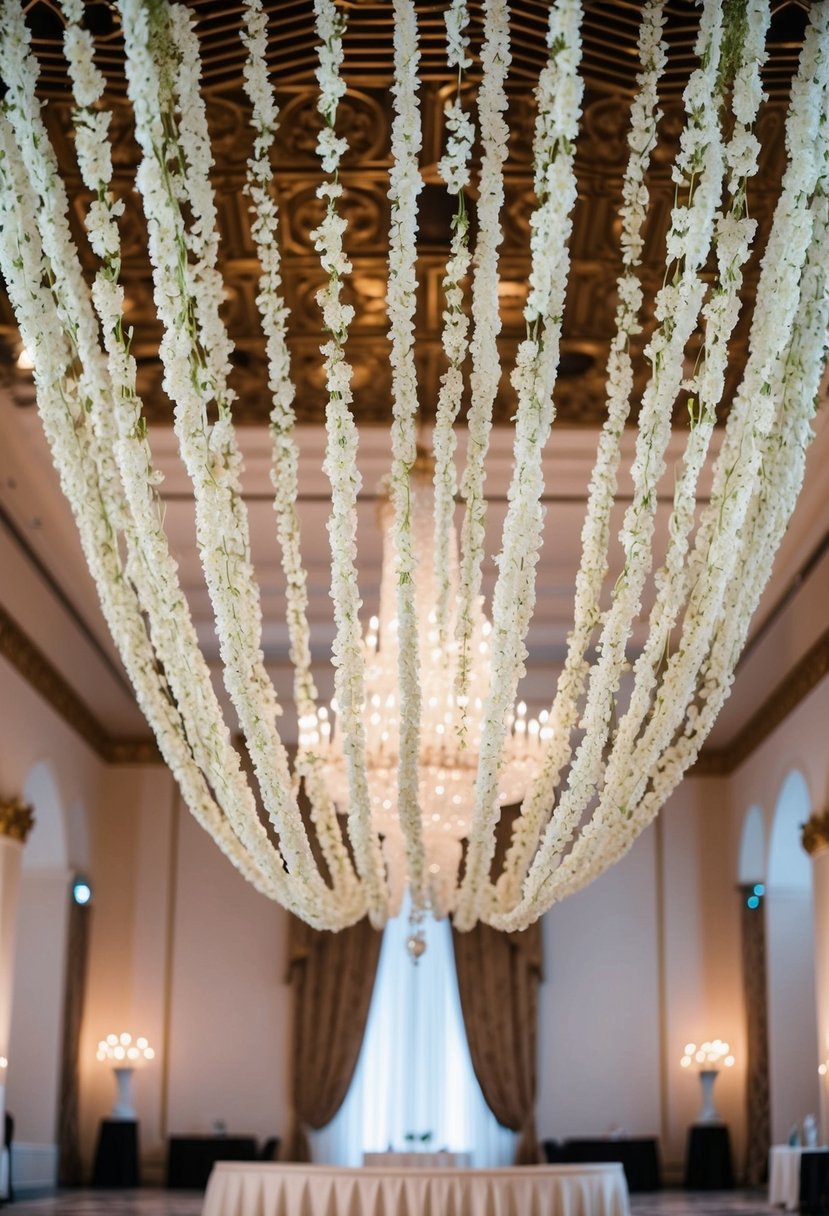 A grand ballroom with cascading white floral ceiling drapes