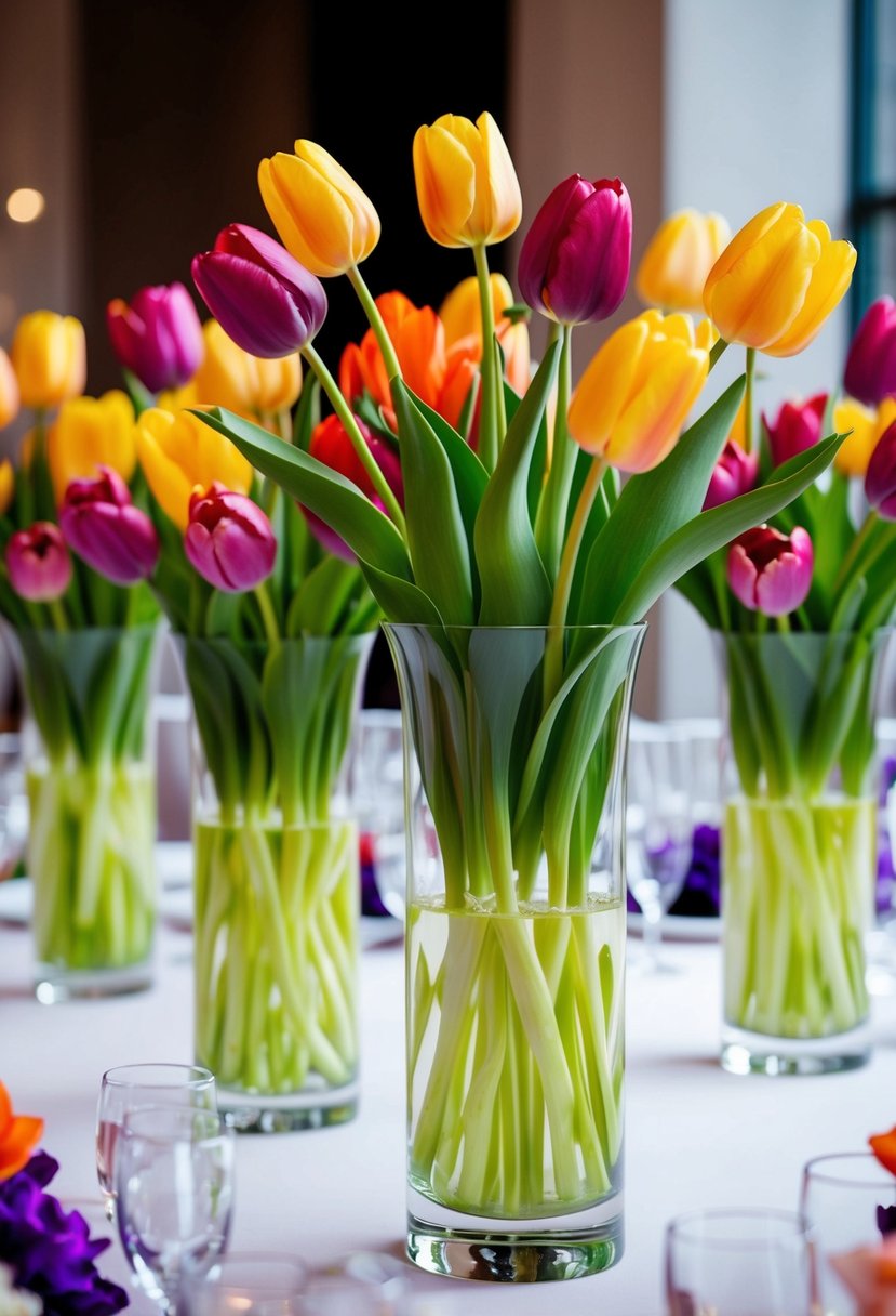 Vibrant tulips in tall vases create a stunning wedding centerpiece