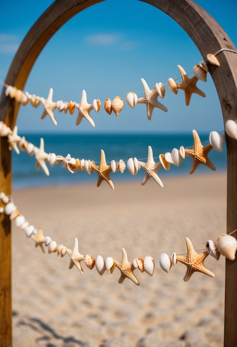 A string of seashells and starfish draped across a wooden archway on a sandy beach