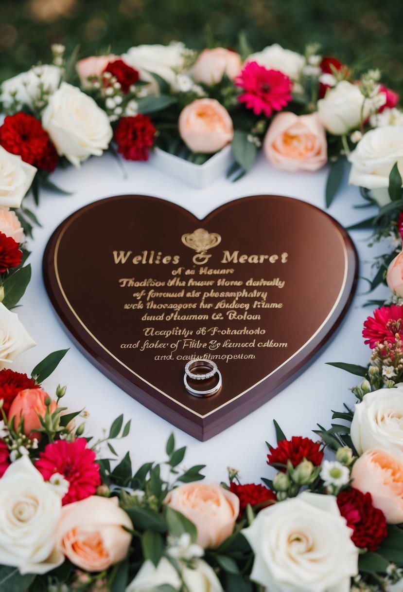 A heart-shaped plaque surrounded by floral decorations and wedding rings