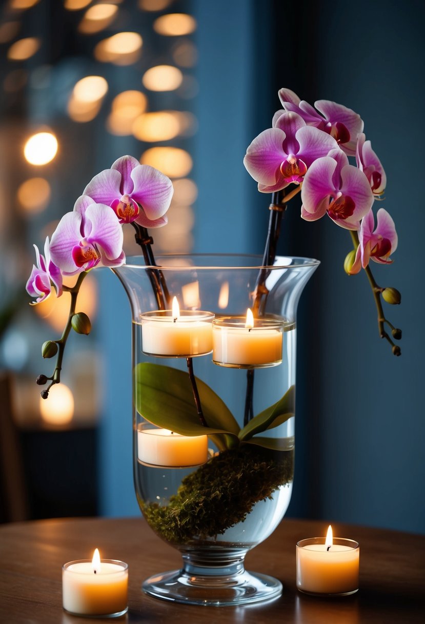 A hurricane vase filled with water, floating candles, and orchids