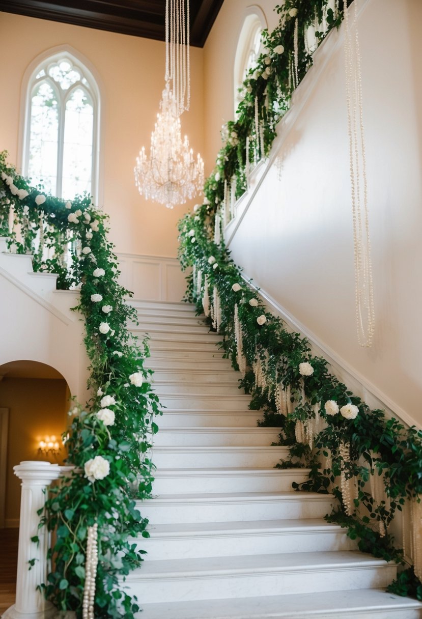 A grand staircase adorned with lush vines and delicate pearl garlands, creating an elegant and romantic wedding decor