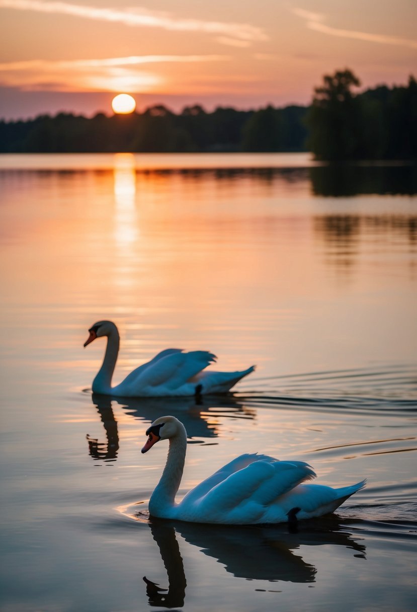 A serene sunset over a tranquil lake, with two swans gracefully gliding across the water, their reflections merging into one