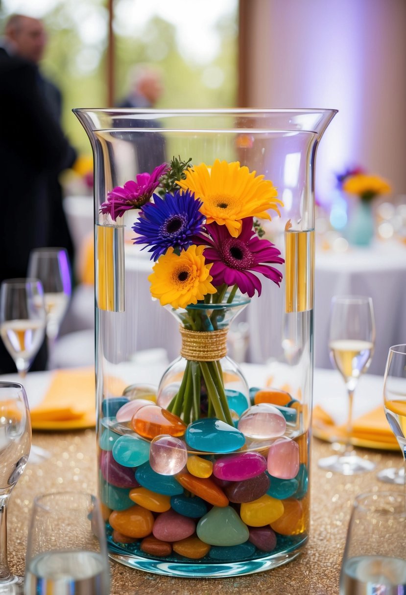 Colorful pebbles and vibrant flowers fill a clear hurricane vase, creating a stunning wedding centerpiece. The submerged elements create a beautiful and unique display