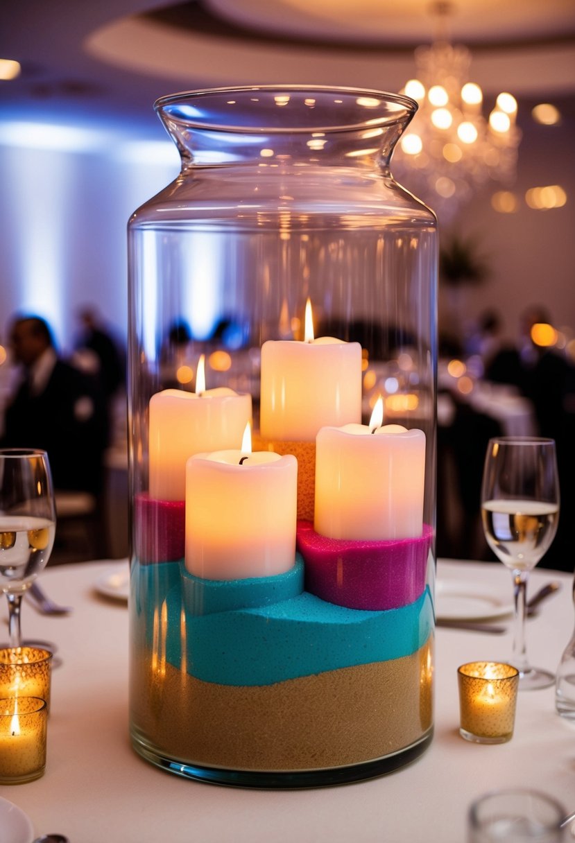 A hurricane vase filled with colorful sand and votive candles, creating a vibrant and elegant wedding centerpiece