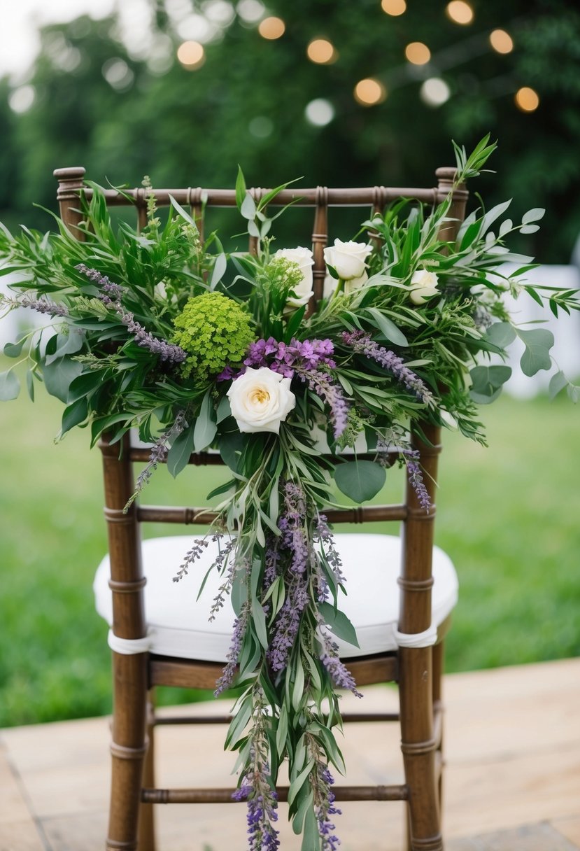 A lush garland of mixed greenery and lavender drapes gracefully over the back of a wooden chair, creating a romantic and elegant wedding decor