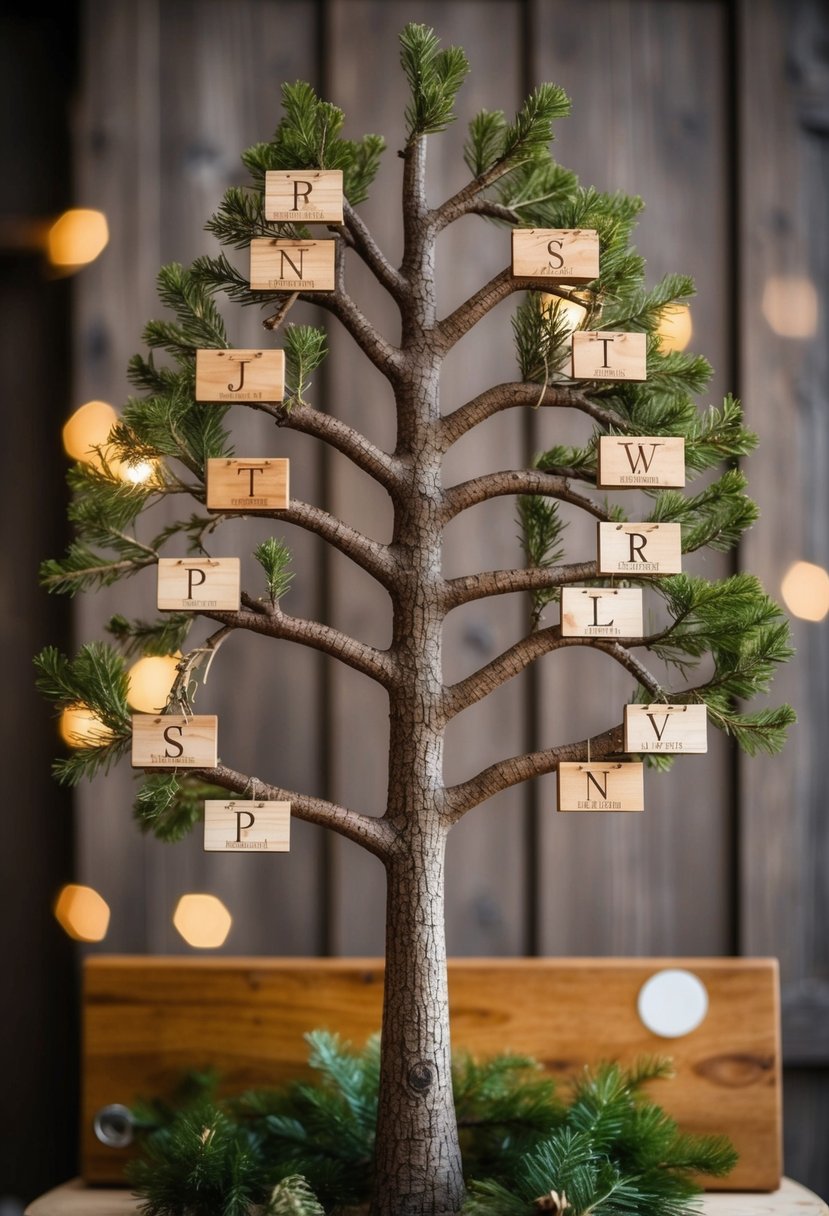 A tall tree with branches, each bearing the engraved initials of family members, set against a backdrop of a rustic wooden plaque