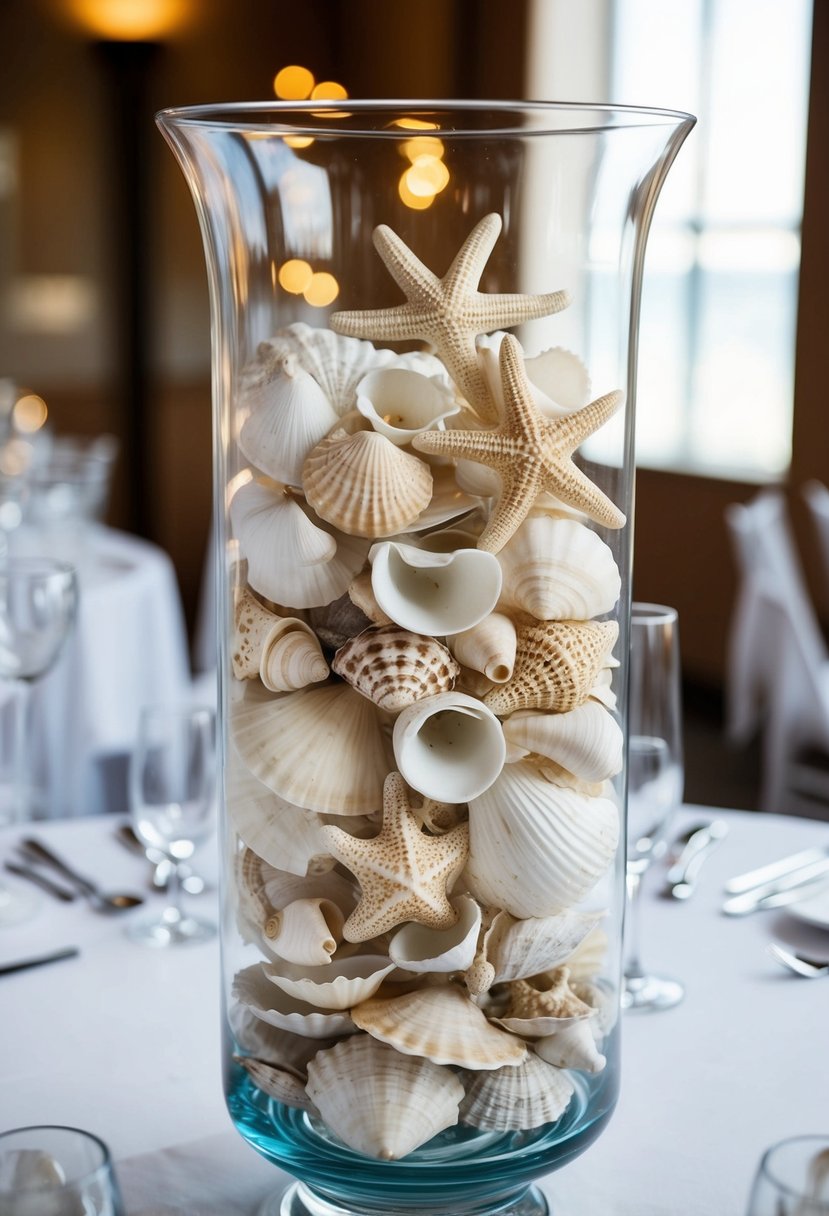 A hurricane vase filled with layered seashells and starfish, serving as a wedding centerpiece