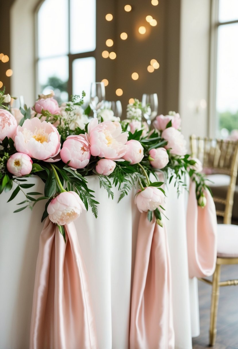 A table adorned with blush peonies and silk drapes, creating a romantic wedding garland