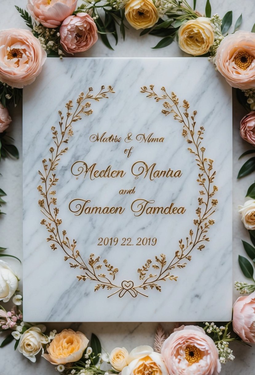 A marble plaque engraved with the couple's names and wedding date, surrounded by delicate floral designs and intricate patterns