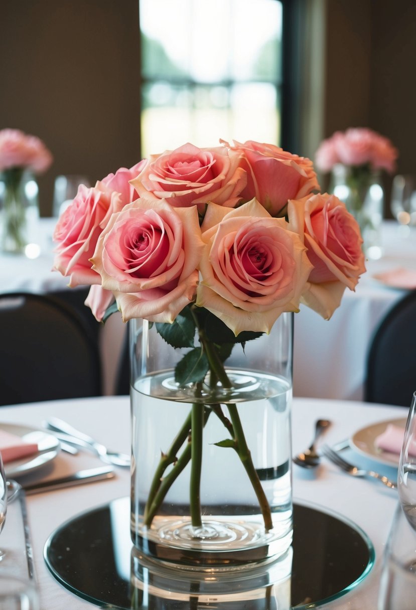 Roses float in a hurricane vase on water for a wedding centerpiece