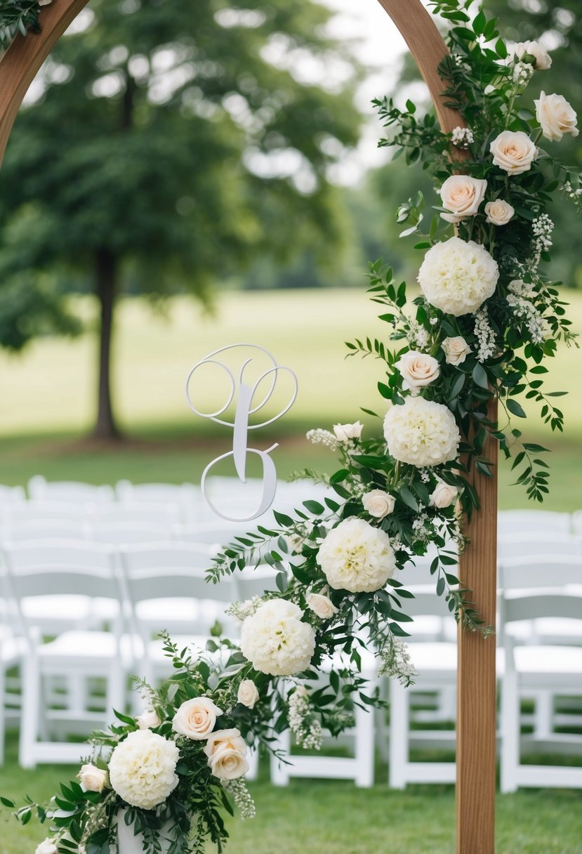 A delicate floral garland with personalized initials adorns a wedding arch