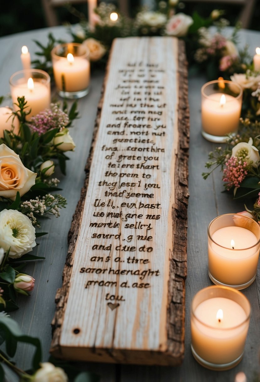 A weathered wooden plank with a heartfelt message carved into its surface, surrounded by delicate floral arrangements and soft candlelight