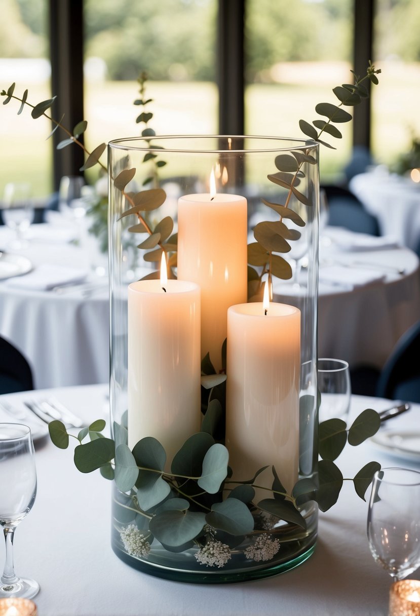 A hurricane vase filled with pillar candles and eucalyptus leaves, creating a elegant and natural wedding centerpiece