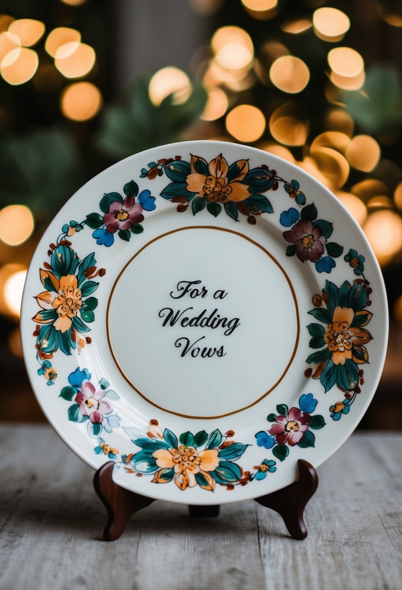 A hand-painted ceramic plate with intricate floral designs surrounding the central space for wedding vows