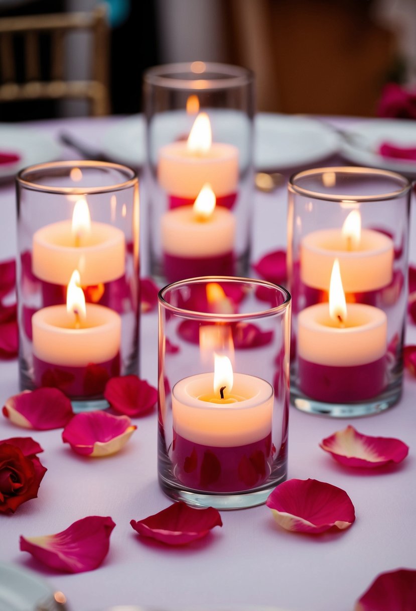 Rose petals float around tealight-filled hurricane vases, creating a romantic wedding centerpiece