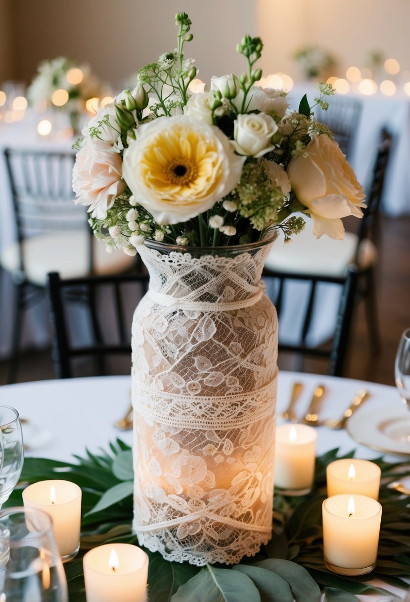 A hurricane vase wrapped in delicate lace, adorned with flowers and candles, creating a romantic wedding centerpiece idea