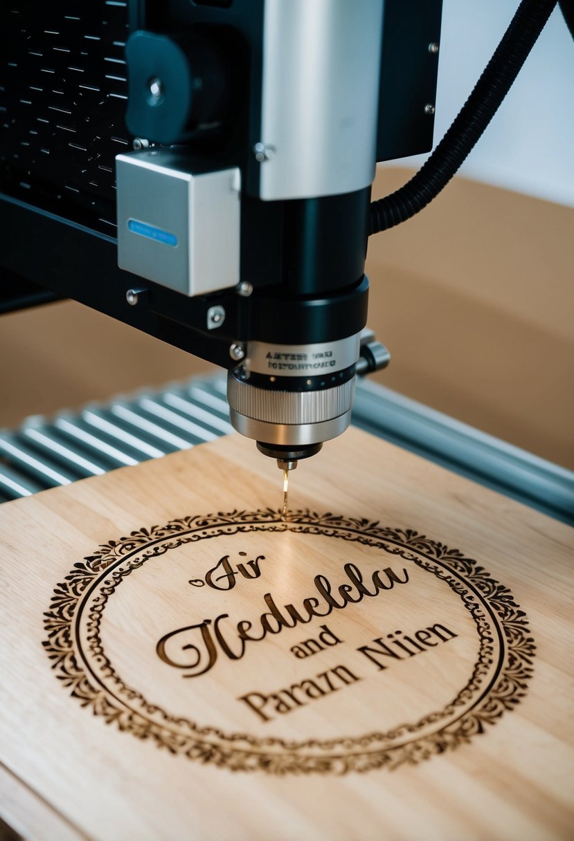 A laser engraving machine etches a detailed design onto a wooden plaque, featuring the names of a newlywed couple surrounded by intricate patterns