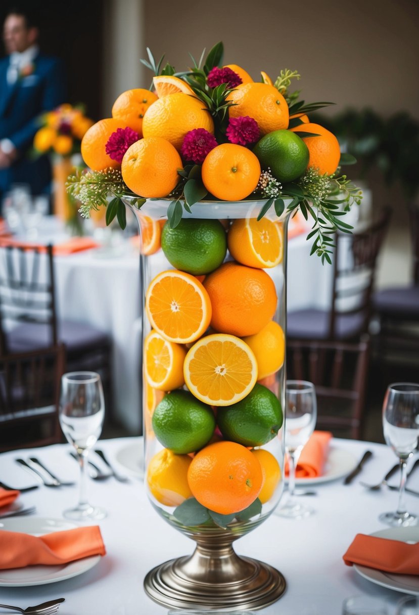 A hurricane vase filled with vibrant seasonal citrus fruits sits as a stunning wedding centerpiece