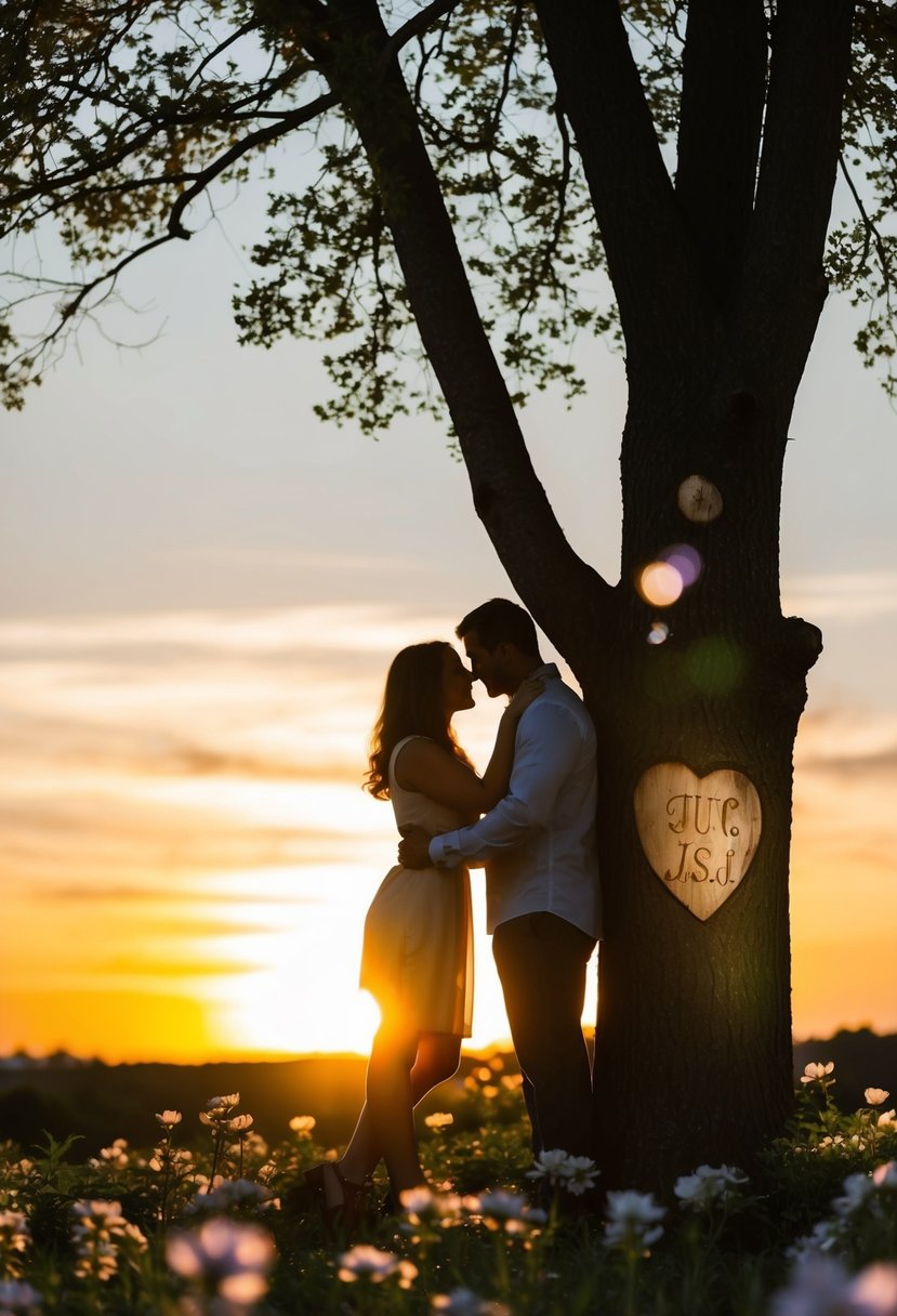 A couple's silhouette against a sunset, embracing under a tree with their initials carved into the trunk, surrounded by blooming flowers