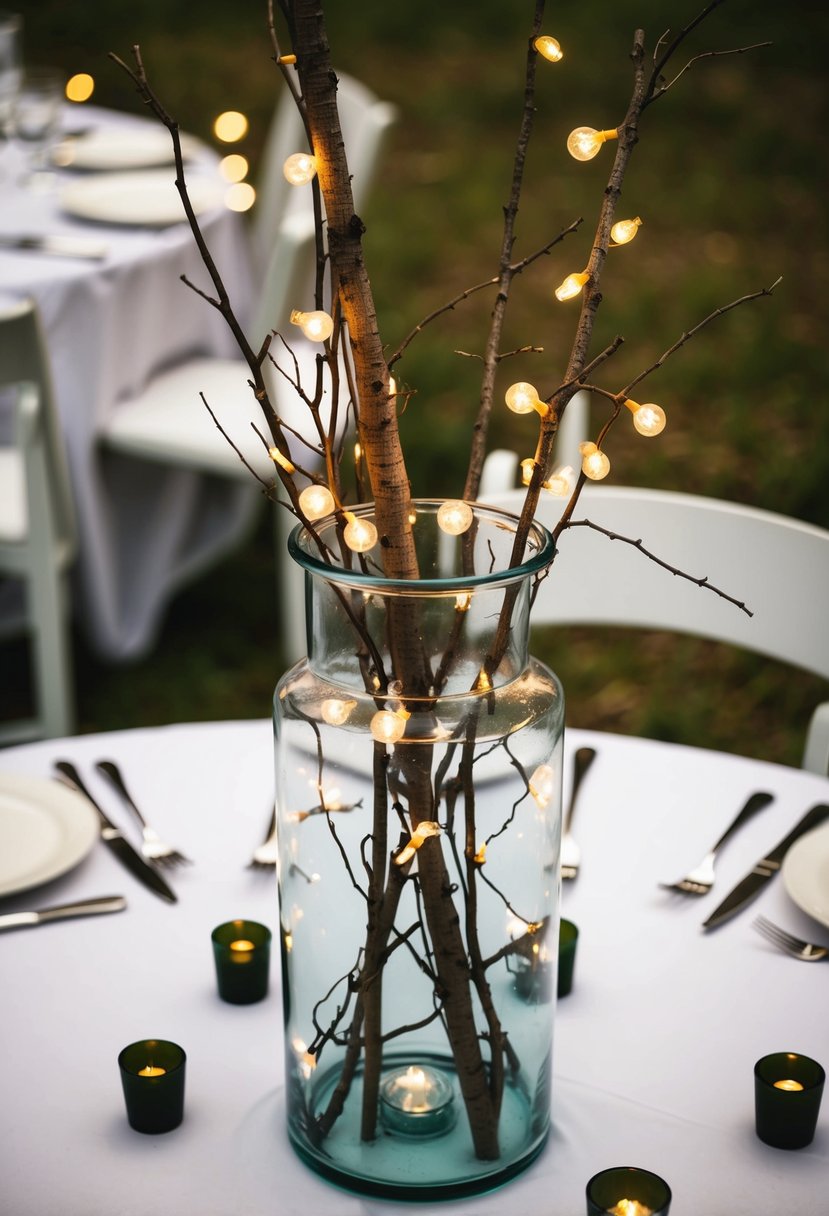 A hurricane vase filled with rustic twigs and fairy lights, serving as a wedding centerpiece