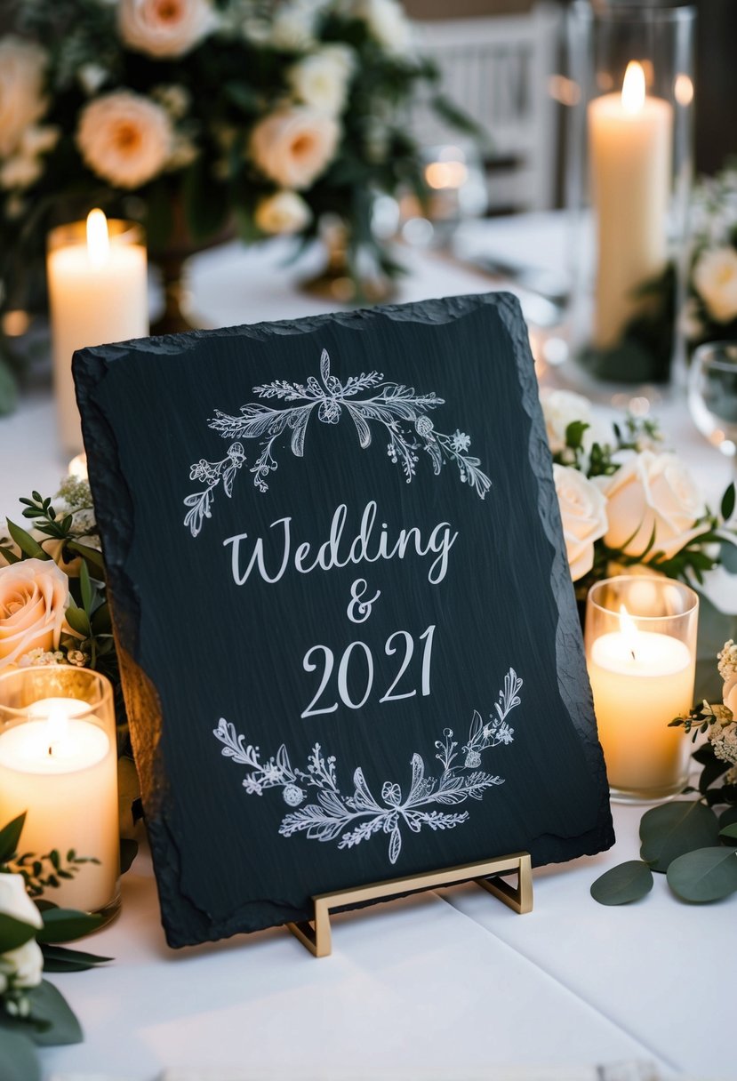 A sleek slate sign adorned with the wedding date, surrounded by elegant floral arrangements and soft candlelight