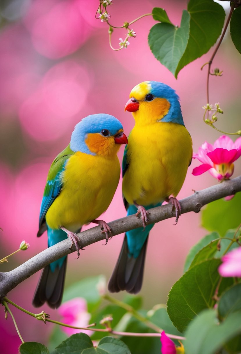 Two colorful lovebirds perched on a flowering branch, surrounded by heart-shaped leaves and delicate vines