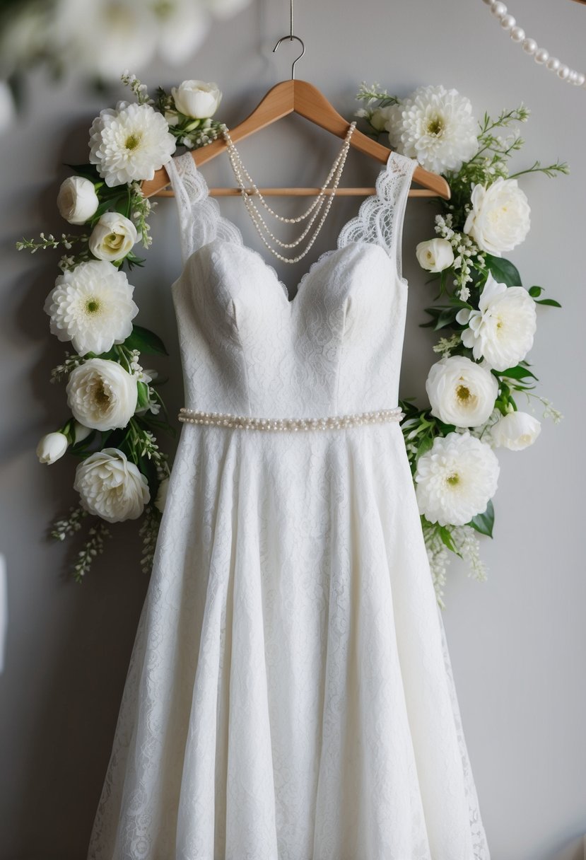 A white lace wedding gown draped over a hanger, surrounded by delicate white flowers and pearl accessories