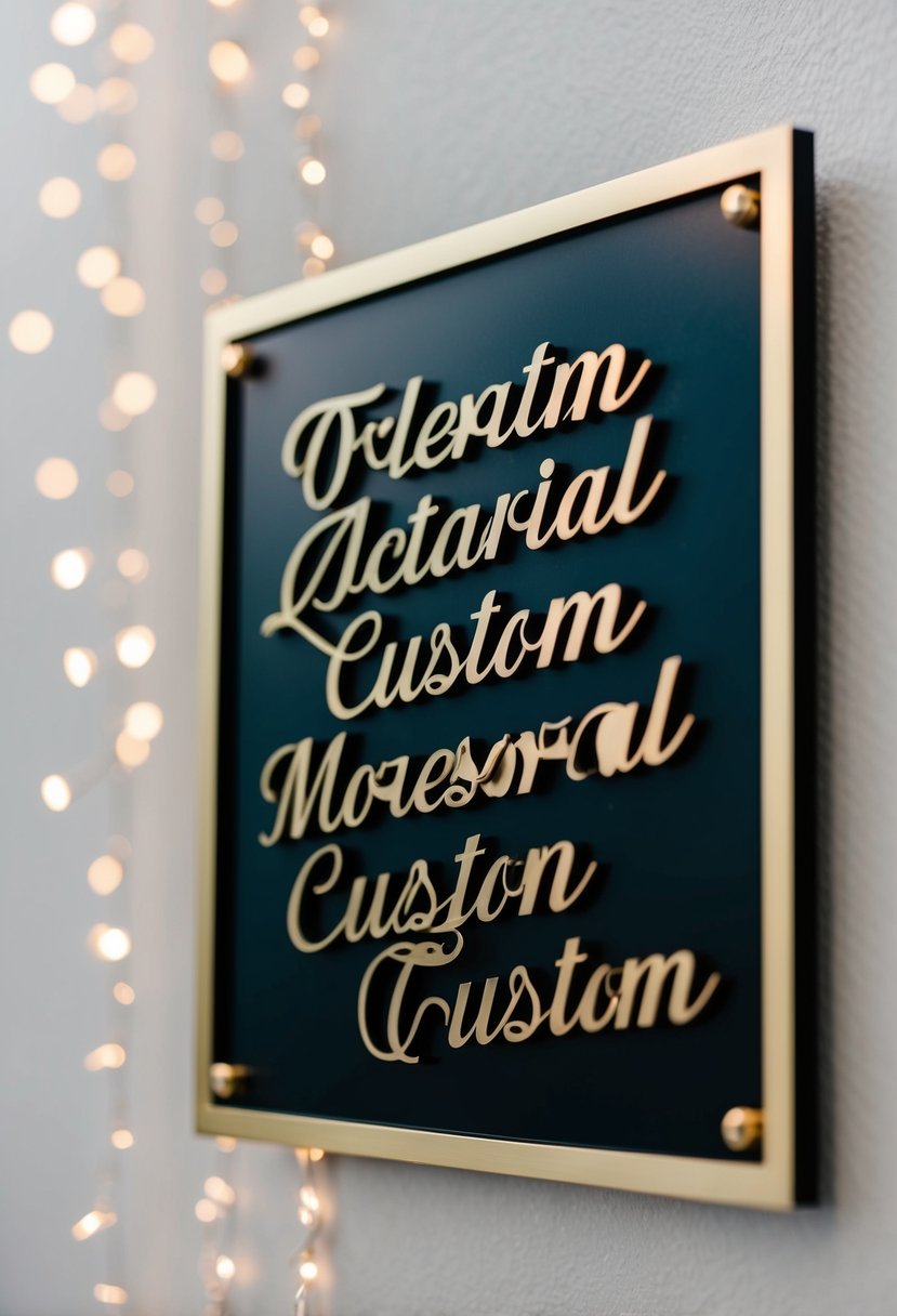 A sleek metal plaque with intricate custom script, set against a minimalist backdrop