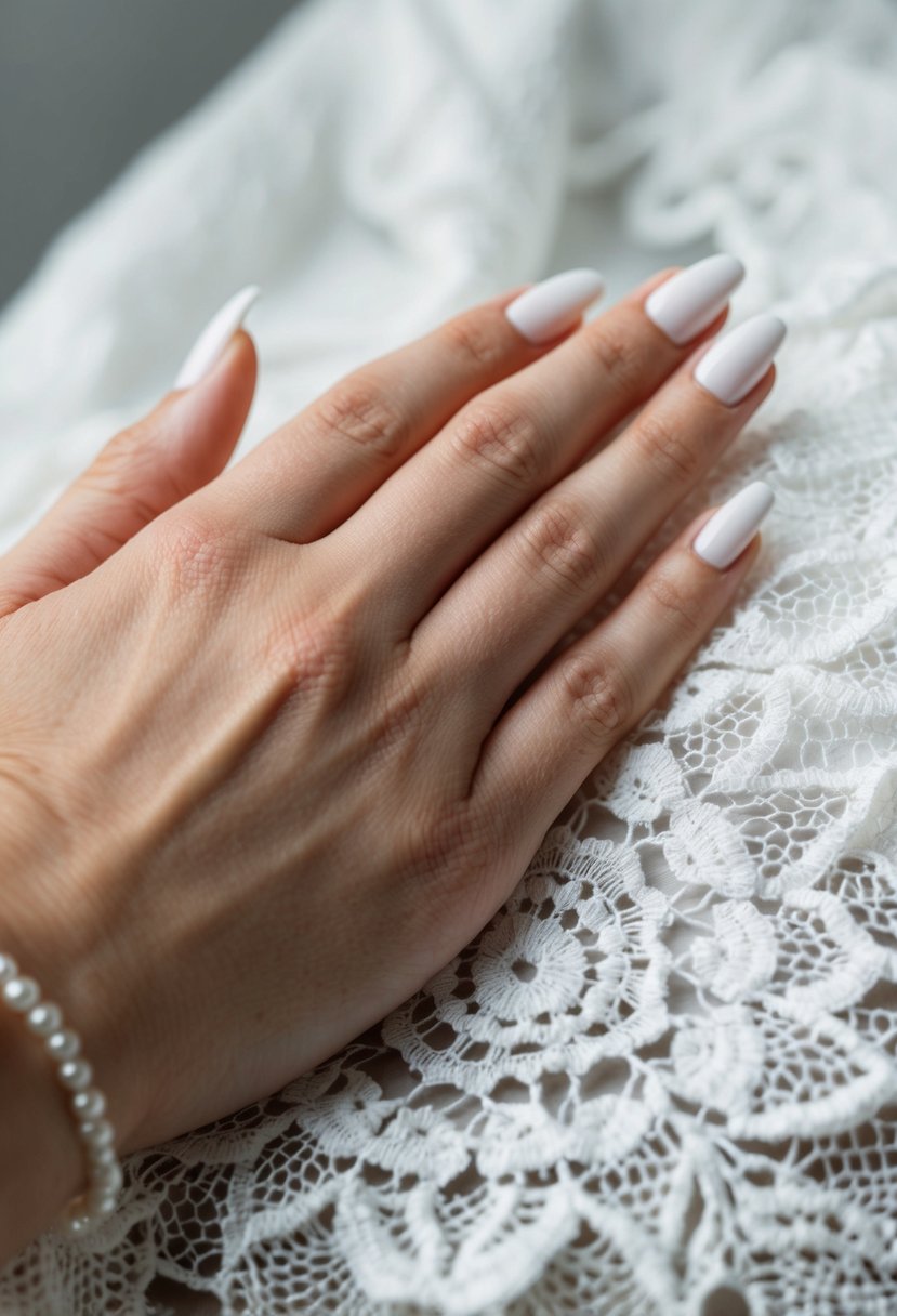 A hand resting on a white lace fabric, showcasing a classic French manicure with crisp white tips