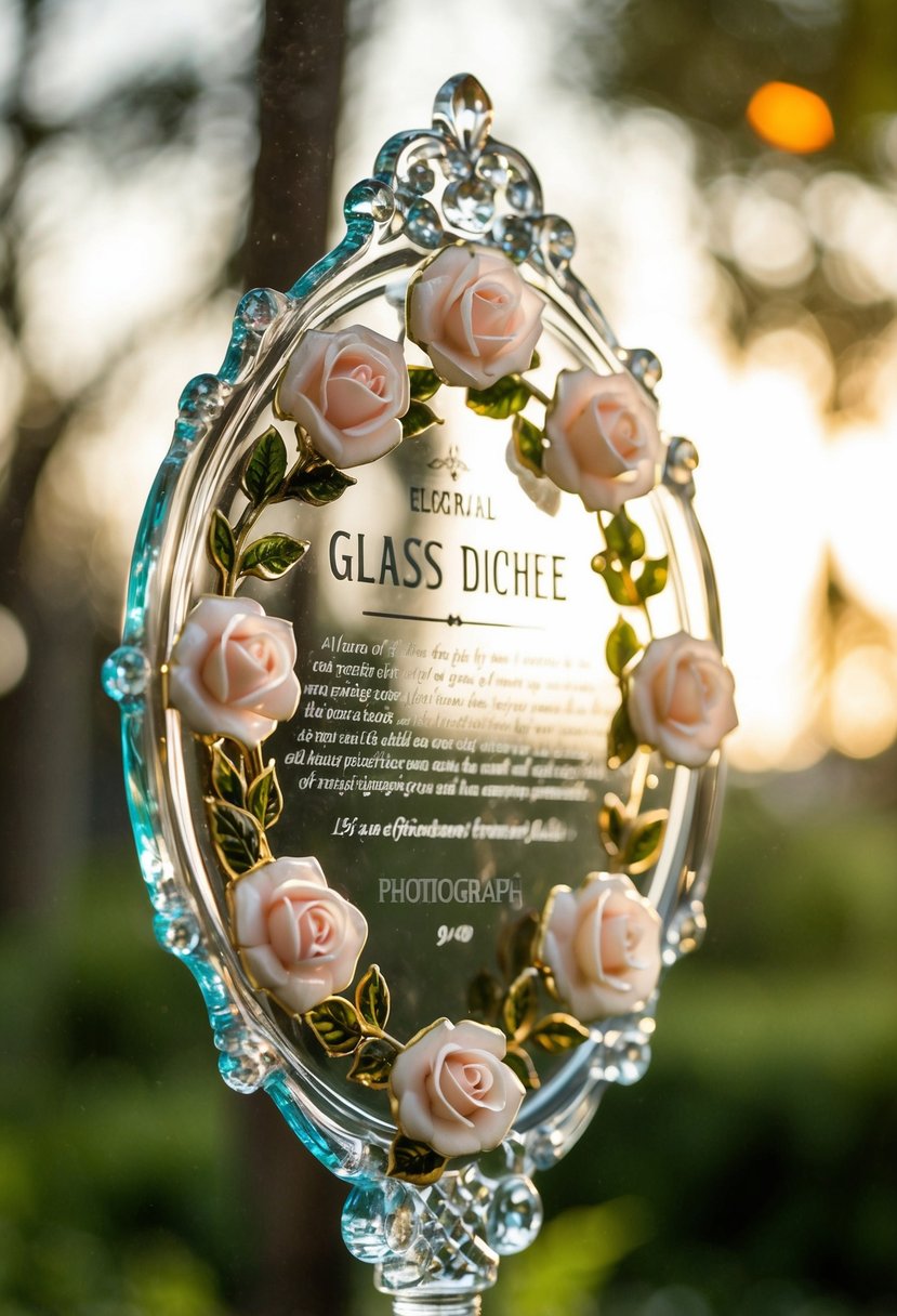 A decorative glass plaque adorned with intricate roses and delicate details