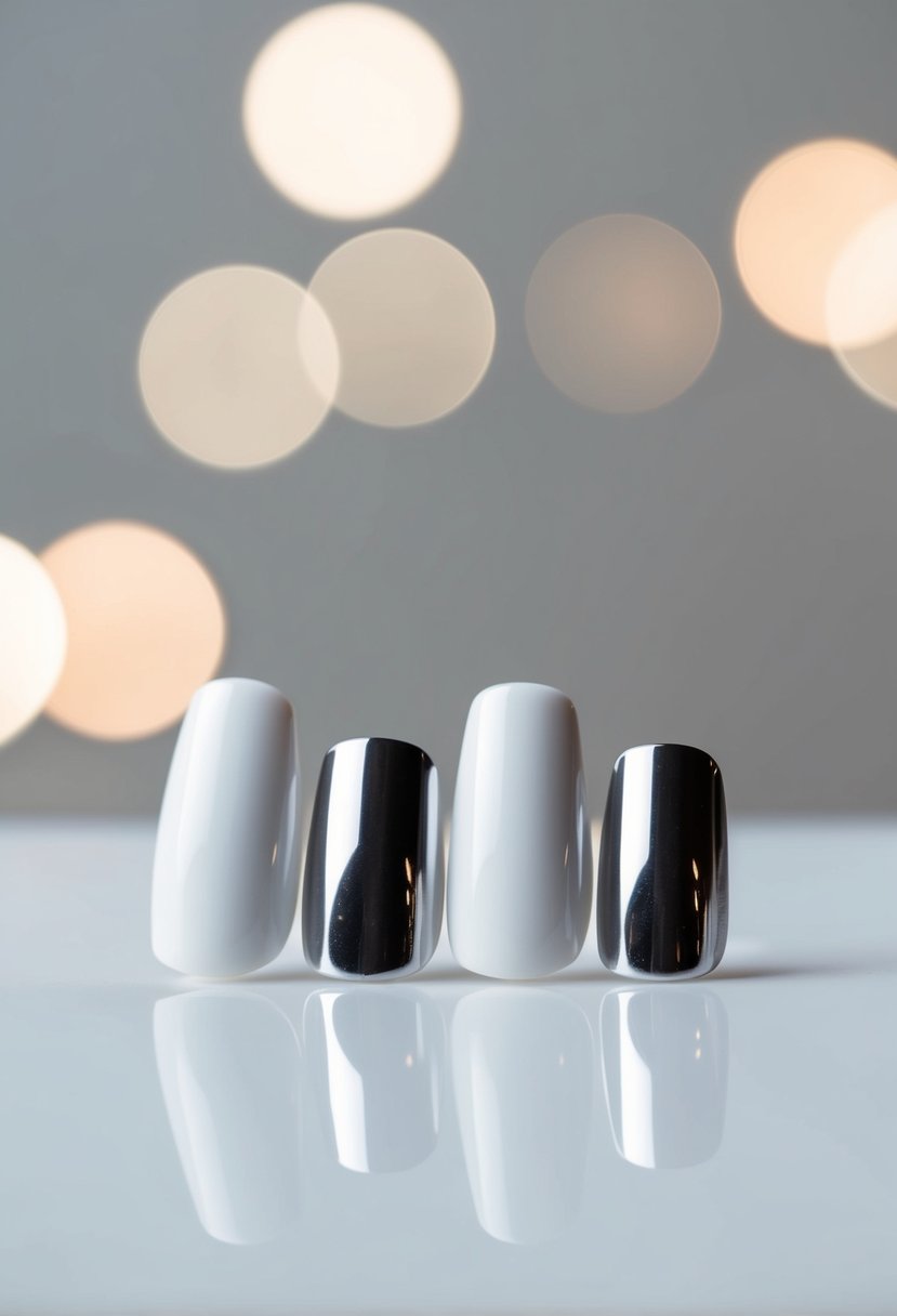 A pair of white chrome nails displayed on a clean, minimalistic surface