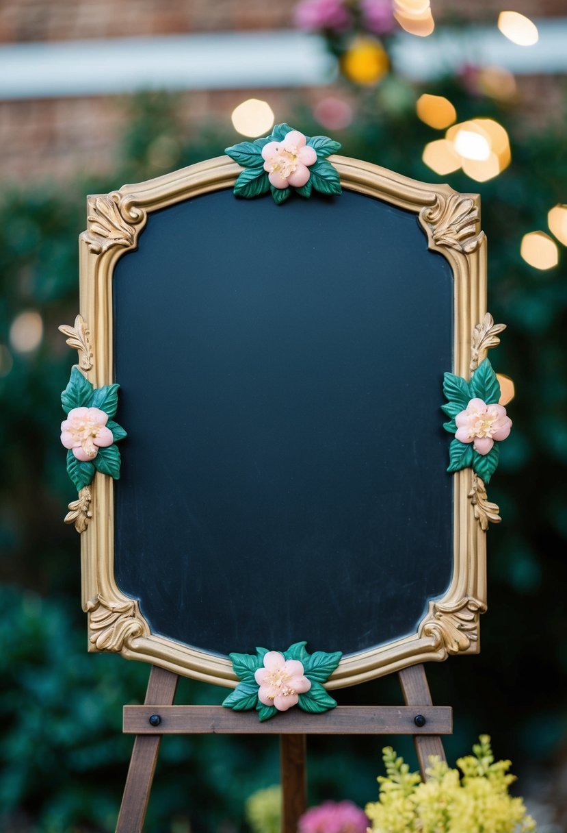 A vintage-style chalkboard plaque with ornate border and floral embellishments