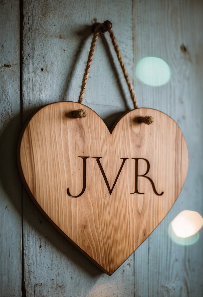 A heart-shaped wooden plaque with carved initials hanging on a rustic wall