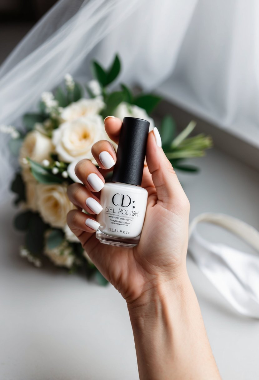 A hand holding a pearlescent white gel polish bottle next to a wedding veil and bouquet