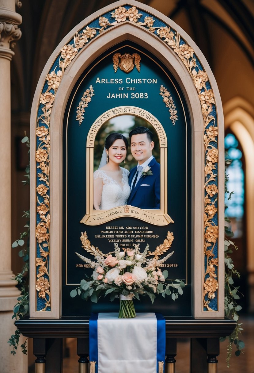 A beautiful arched plaque featuring a couple's portrait surrounded by intricate floral designs