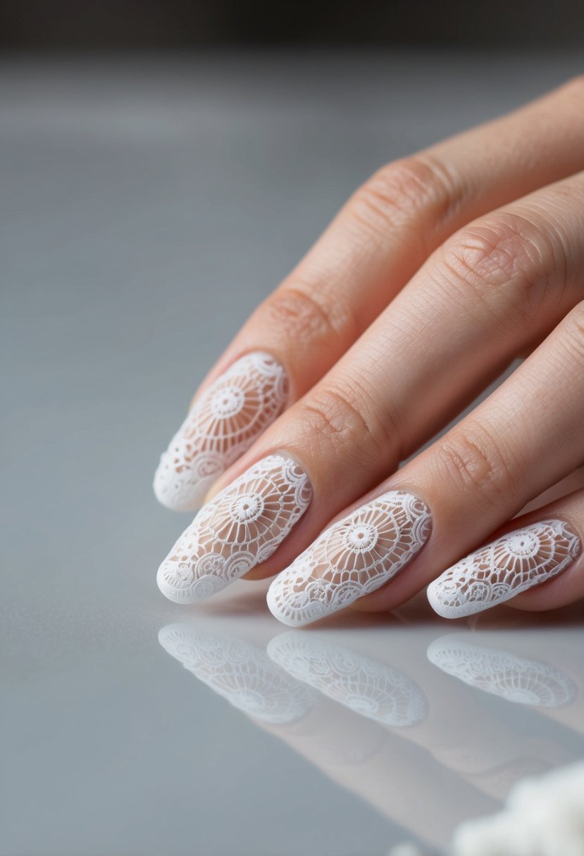 A close-up of white lace nail art on a smooth, clean surface