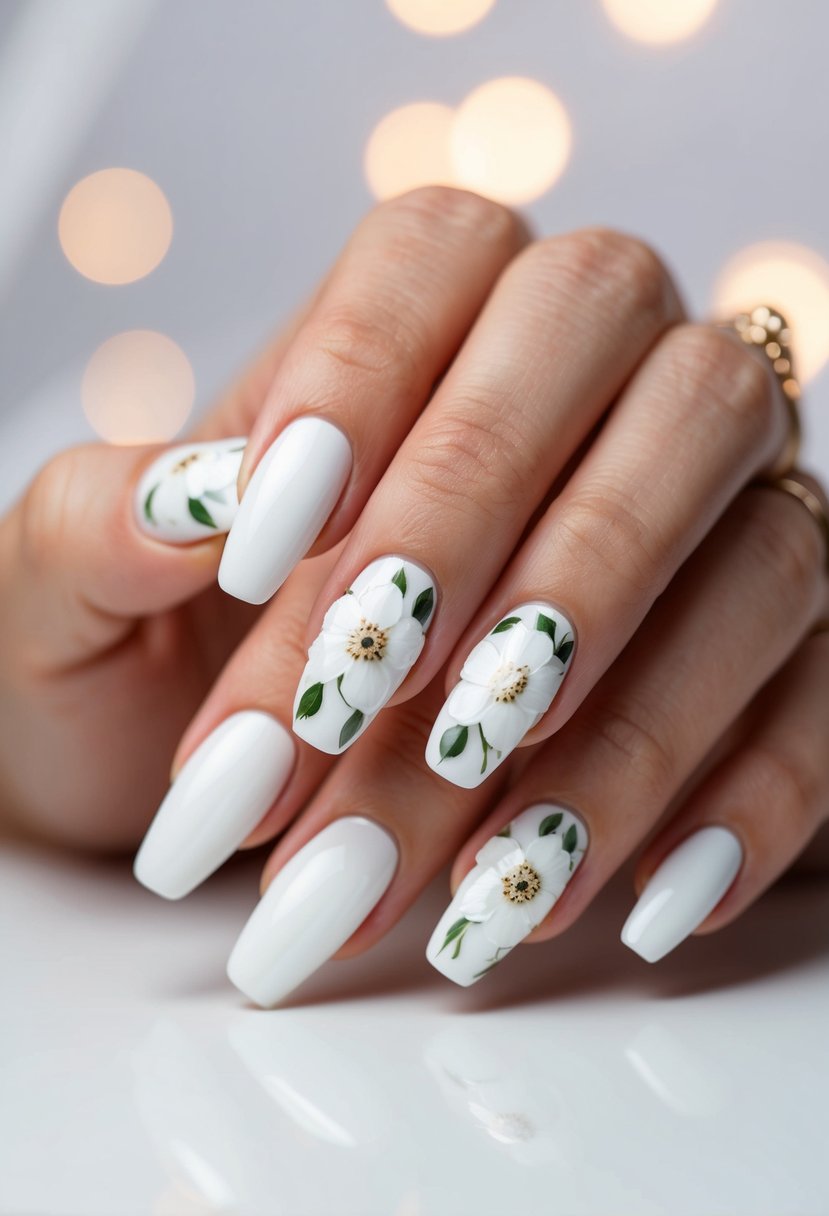 A close-up of white floral nail accents on a pristine white background