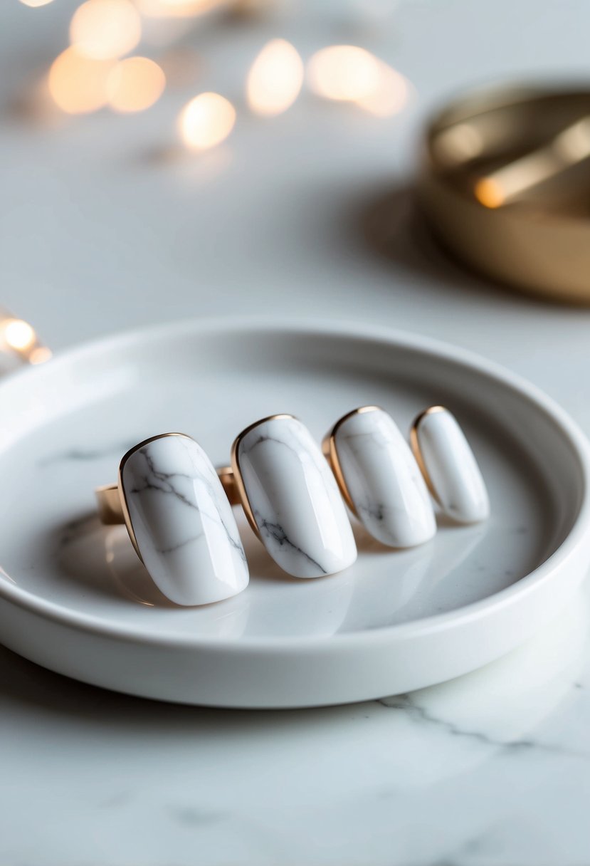 White marble nails on a clean, white surface with soft, natural lighting