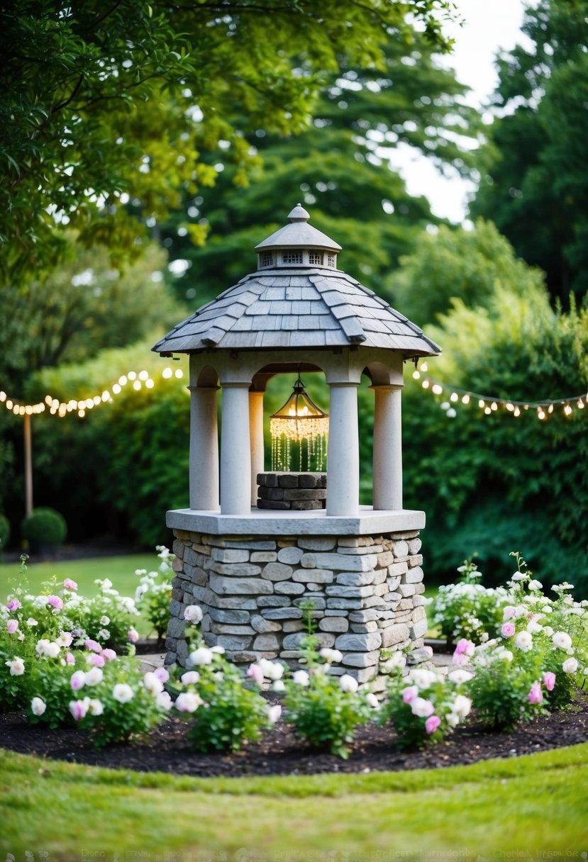 A serene garden with a stone wishing well surrounded by flowers and twinkling lights, set as a romantic wedding backdrop