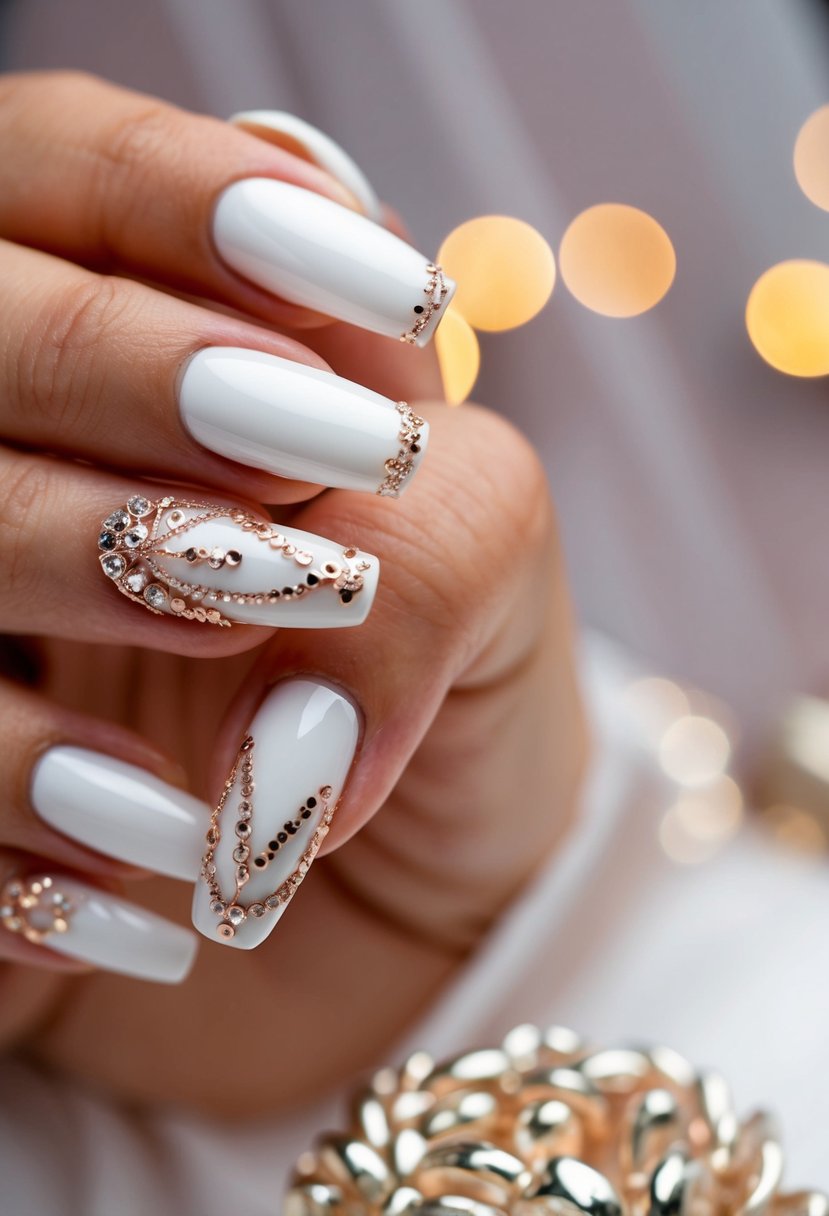 A close-up of white and rose gold wedding nails with intricate designs and shimmering details