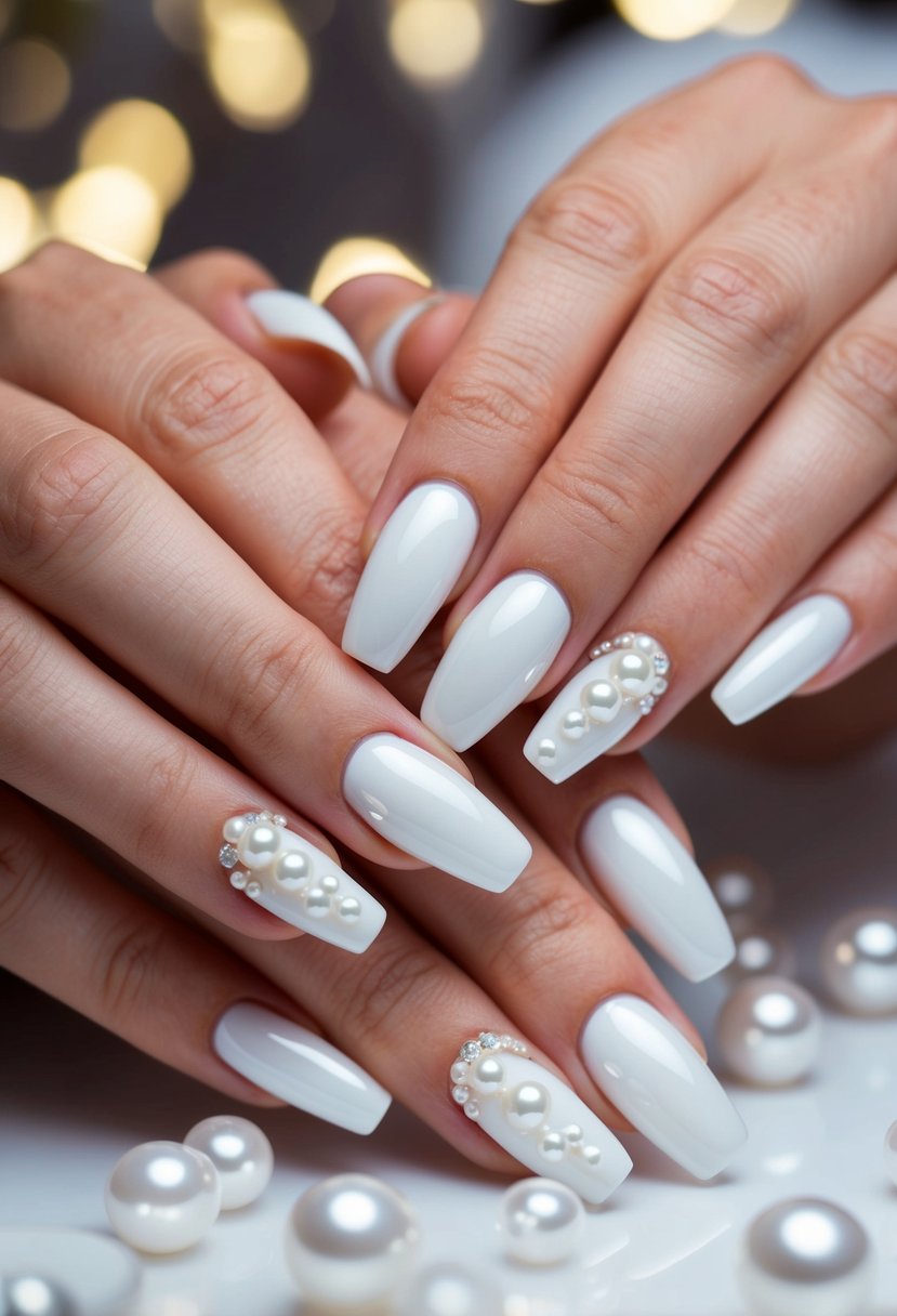 A close-up of white nails adorned with delicate white pearl accents