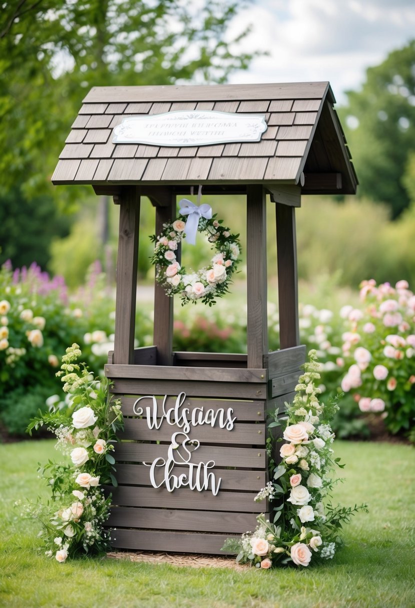 A wooden wishing well adorned with personalized wedding decor, surrounded by blooming flowers and greenery