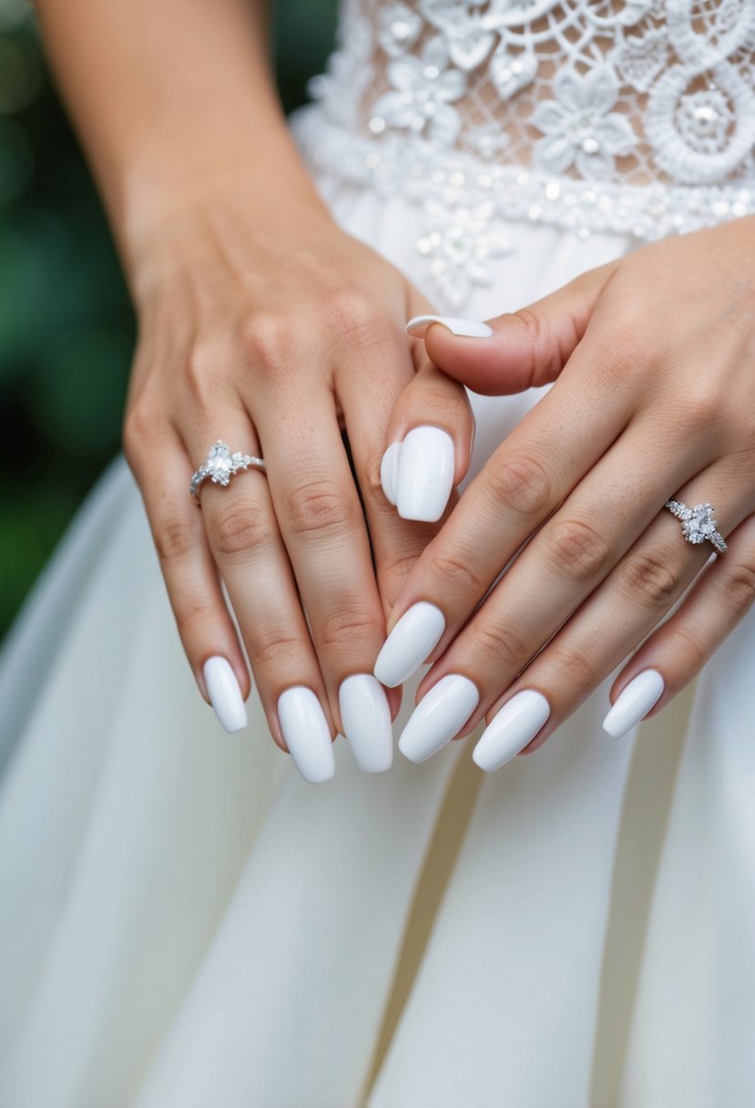 A pair of white half moon manicured nails against a soft, white wedding dress fabric, with a delicate lace detail in the background